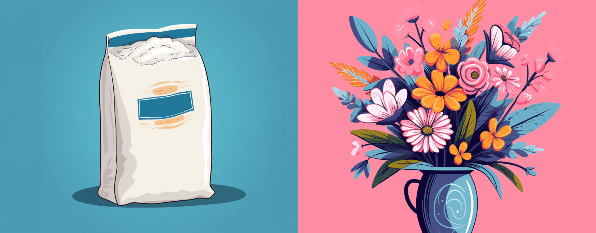 Side by side image showing a bag of flour and a flower bouquet, demonstrating the homophones flour and flower