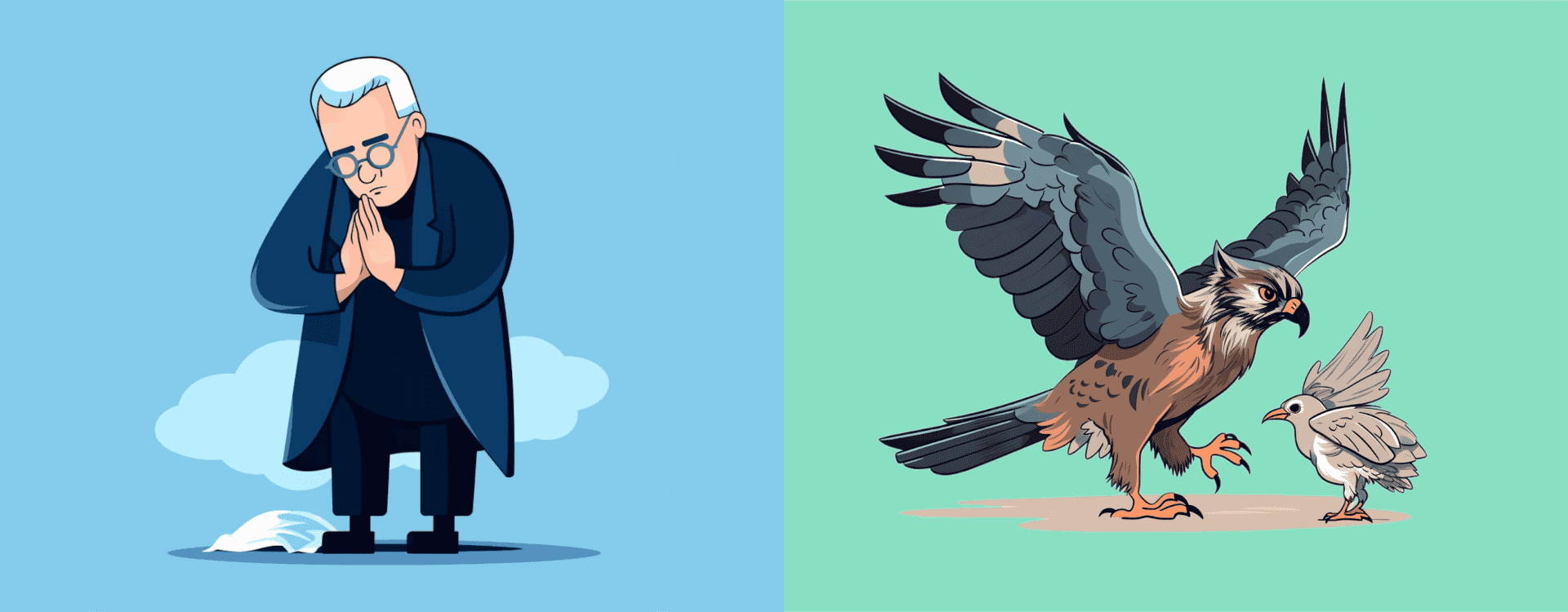 Side by side image showing a man praying and an eagle catching its pray, demonstrating the homophones pray and prey