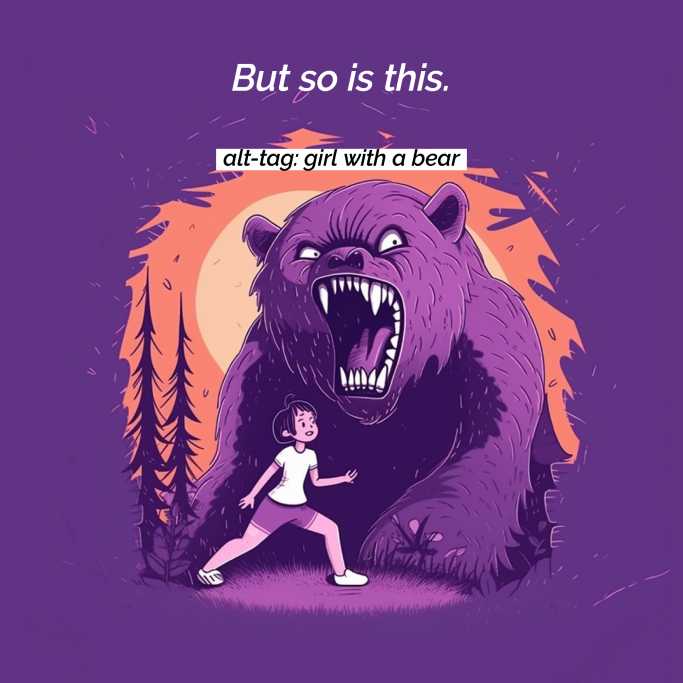Girl with a bear – vague alt text. The image actually shows a kid being chased by a large threatening bear
