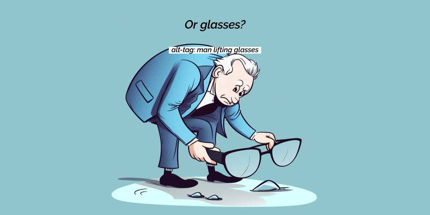 Man lifting glasses – vague alt text. The image actually shows an elderly man struggling to lift oversized glasses in a surreal setting